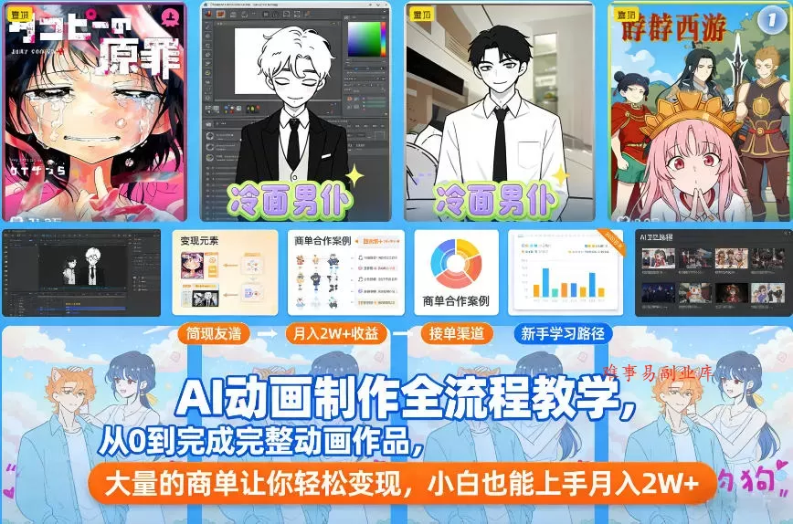 AI动画制作全流程教学，从0到完成完整动画作品，大量的商单让你轻松变现，小白也能上手月入2W+-难事易副业库