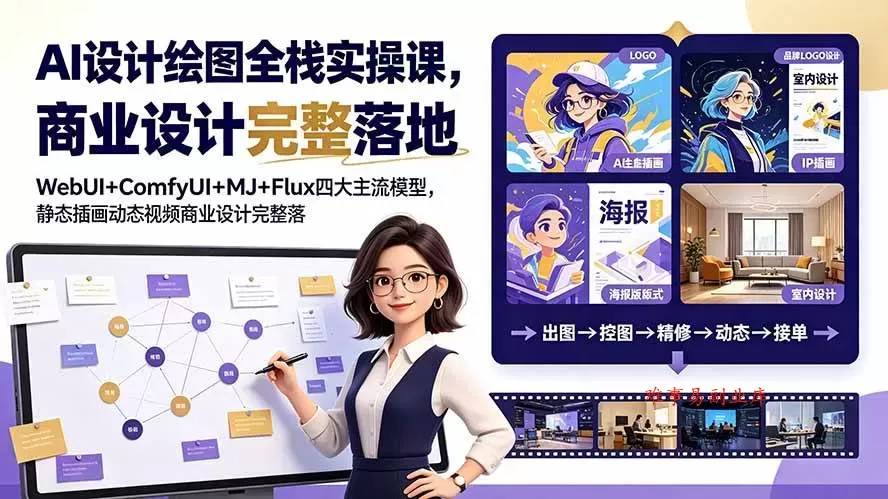 （19244期）AI设计绘图全栈实操课，WebUI+ComfyUI+MJ+Flux四大主流模型，静态插画动态视频商业设计完整落地教程-难事易副业库