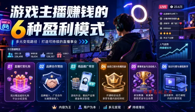 付费文章：游戏主播賺钱的6种盈利模式-难事易副业库