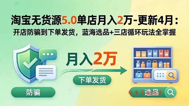 （19683期）淘宝无货源5.0单店月入2万-更新2026：开店防骗到下单发货，蓝海选品+三店循环玩法全掌握-难事易副业库