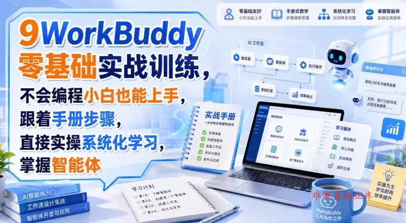 WorkBuddy零基础实战训练，不会编程小白也能上手，跟着手册步骤，直接实操系统化学习，掌握智能体-难事易副业库