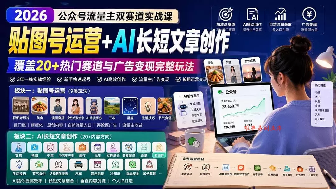 （20153期）公众号流量主双赛道实战课：贴图号运营+AI长短文章创作，覆盖20+热门赛道与广告变现完整玩法