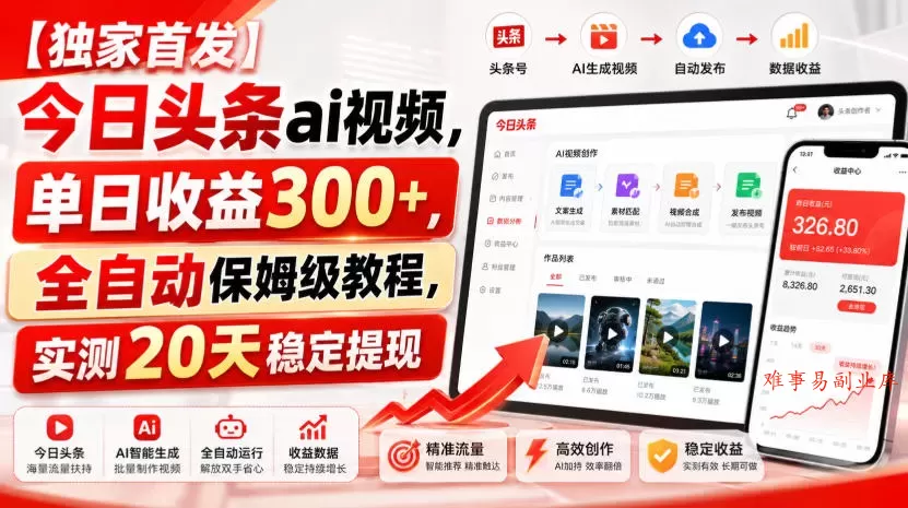【独家首发】今日头条ai视频，单日收益300+，全自动保姆级教程，实测20天稳定提现【揭秘】-难事易副业库