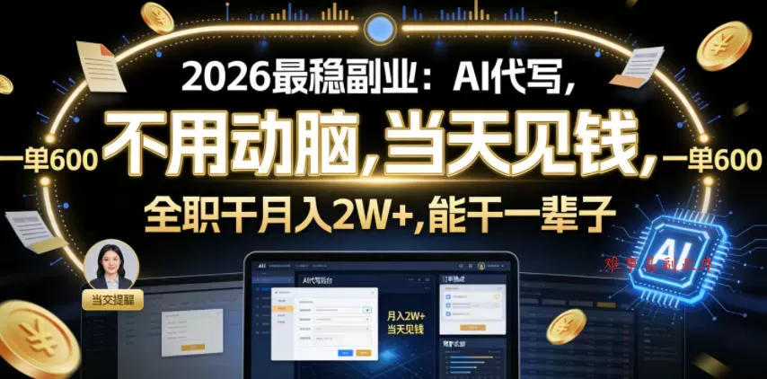 2026最稳副业：AI代写，不用动脑，当天见钱，一单600，全职干月入2W+，能干一辈子【揭秘】-难事易副业库