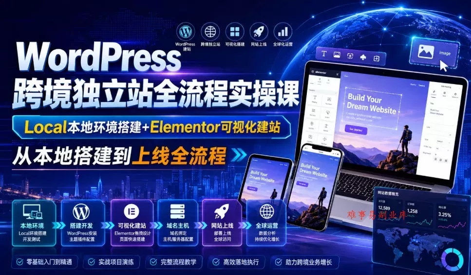 WordPress跨境独立站全流程实操课｜Local本地环境搭建+Elementor可视化建站，从本地搭建到上线全流程-难事易副业库