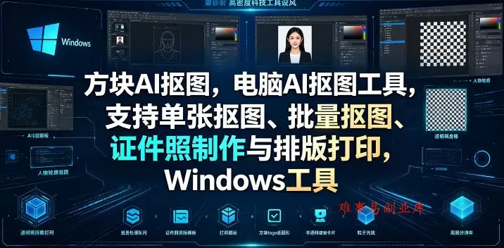方块AI抠图，电脑AI抠图工具，支持单张抠图、批量抠图、证件照制作与排版打印，Windows工具-难事易副业库