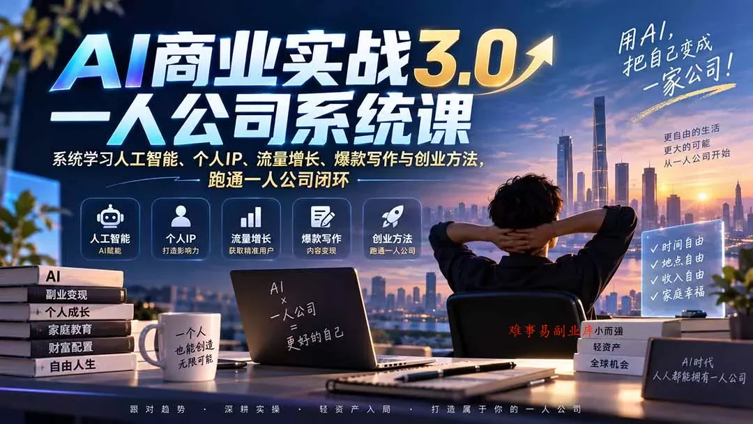 AI商业实战3.0一人公司系统课：系统学习人工智能、个人IP、流量增长、爆款写作与创业方法，跑通一人公司闭环-难事易副业库