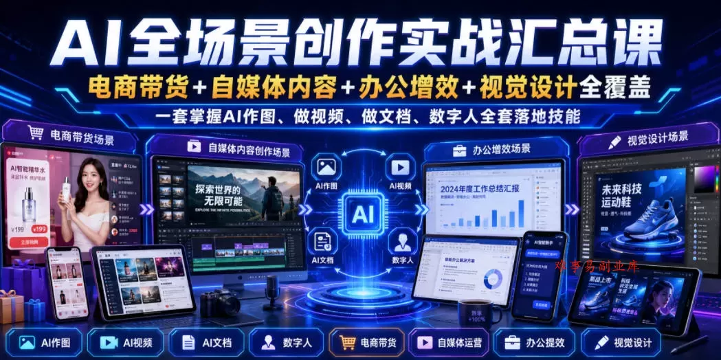 AI全场景创作实战汇总课｜电商带货+自媒体内容+办公增效+视觉设计全覆盖，一套掌握AI作图、做视频、做文档、数字人全套落地技能-难事易副业库