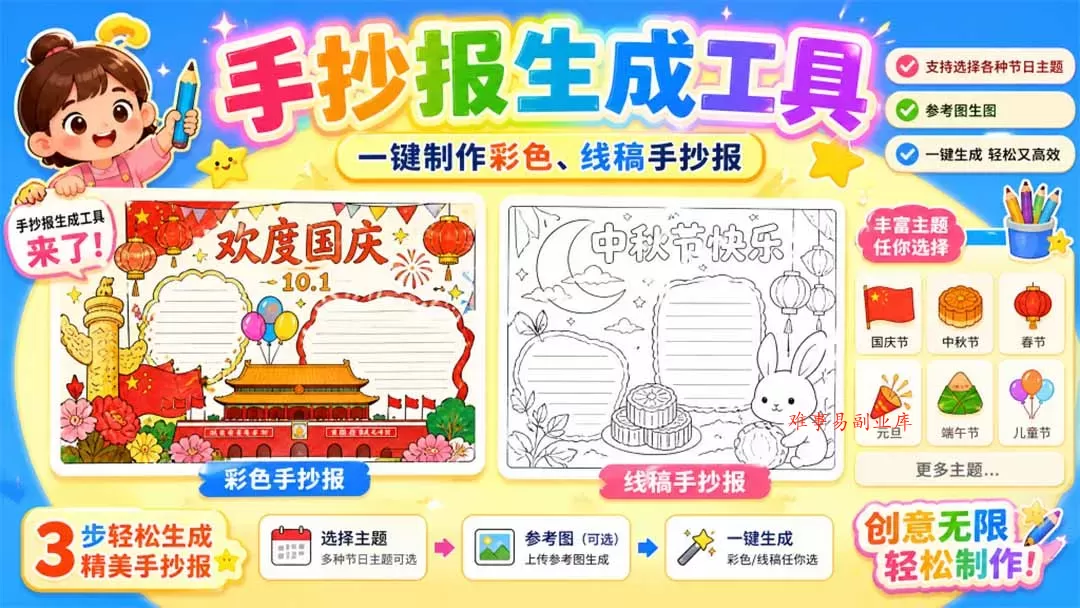 手抄报批量生成工具来了，完全免费，告别豆包生图，这个高清无水印-难事易副业库