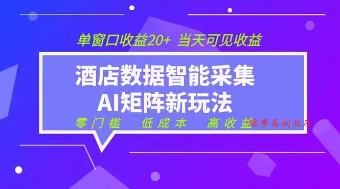 2026酒店数据采集ai智能矩阵新风口 低成本 高收益 当天见收益 单窗口20+-难事易副业库