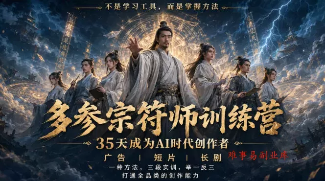 多参宗符师训练营，35天成为AI时代创作者，广告|短片|长剧，一种方法，三段实训，举一反三，打通全品类的创作能力-难事易副业库