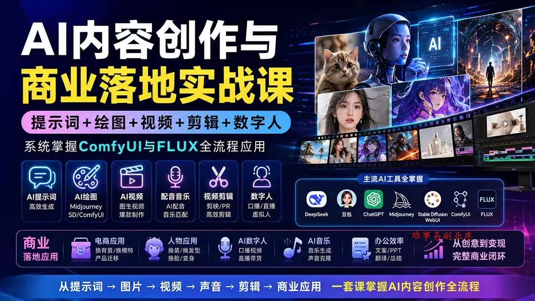 AI内容创作与商业落地实战课：提示词+绘图+视频+剪辑+数字人，系统掌握ComfyUI与FLUX全流程应用-难事易副业库