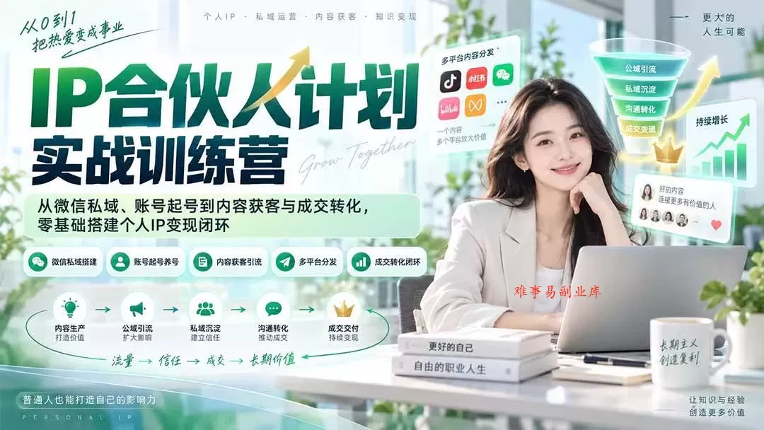 （20321期）IP合伙人计划实战训练营-更新：从微信私域、账号起号到内容获客与成交转化，零基础搭建个人IP变现闭环-难事易副业库