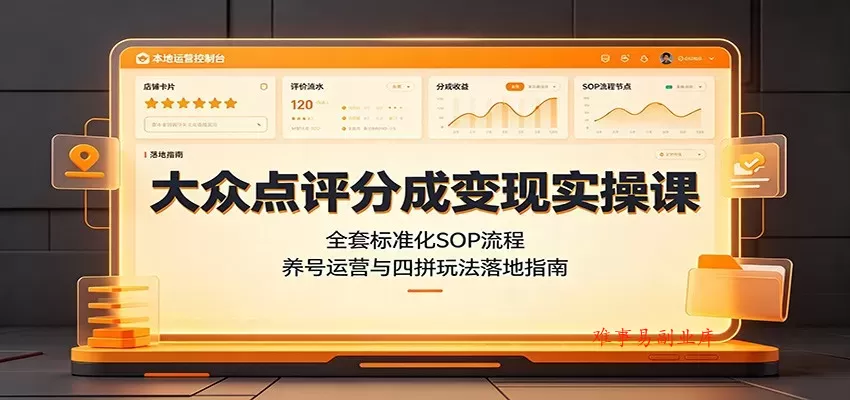 大众点评分成变现实操课：全套标准化SOP流程，养号运营与四拼玩法落地指南-难事易副业库