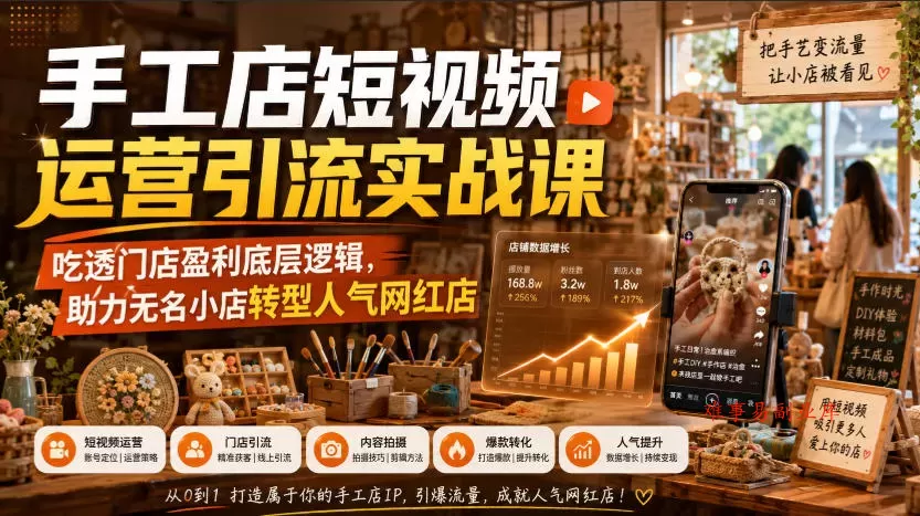 手工店短视频运营引流实战课，吃透门店盈利底层逻辑，助力无名小店转型人气网红店-难事易副业库