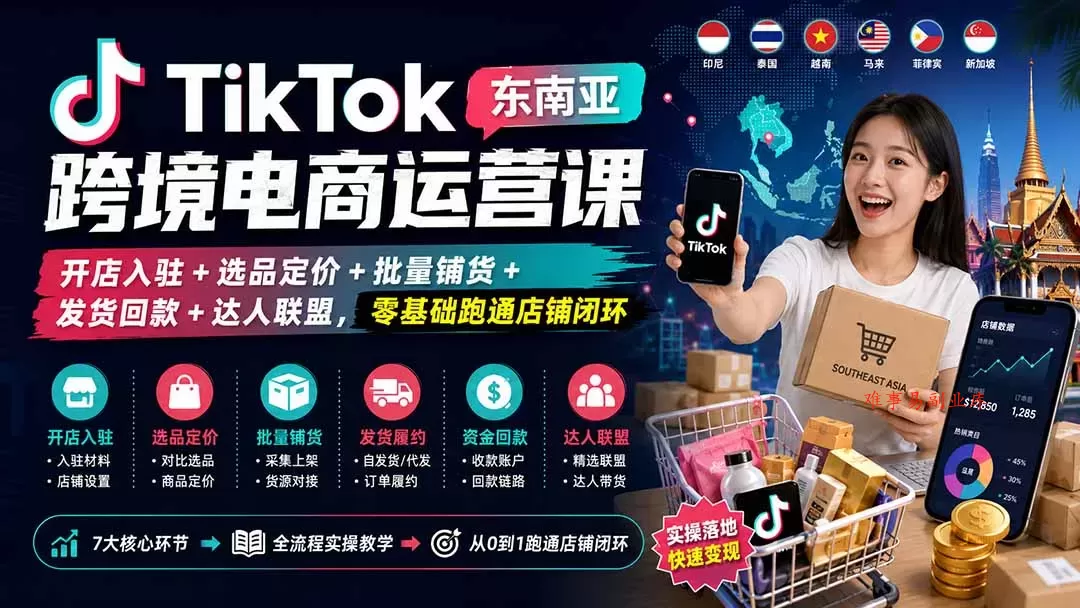 TikTok东南亚跨境电商运营课：开店入驻+选品定价+批量铺货+发货回款+达人联盟，零基础跑通店铺闭环-难事易副业库
