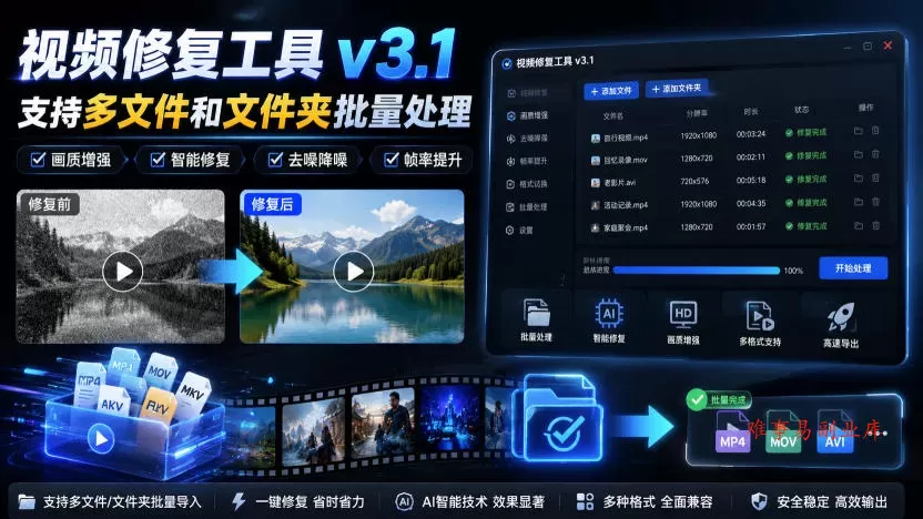 视频修复工具v3.1,支持多文件和文件夹批量处理 视频修复工具v3.1,支持多文件和文件夹批量处理