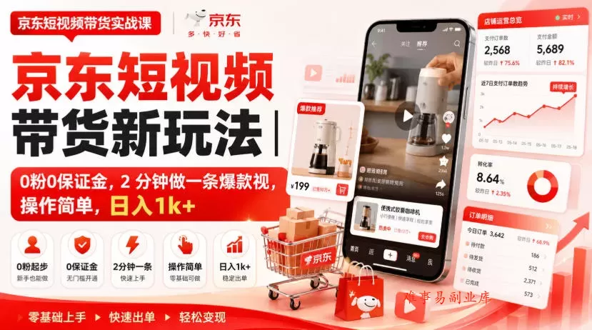 京东短视频带货新玩法｜0粉0保证金，2分钟做一条爆款视，操作简单，日入1k+【揭秘】-难事易副业库