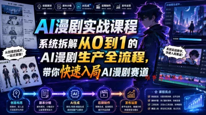 AI漫剧实战课程，系统拆解从0到1的AI漫剧生产全流程，带你快速入局AI漫剧赛道-难事易副业库