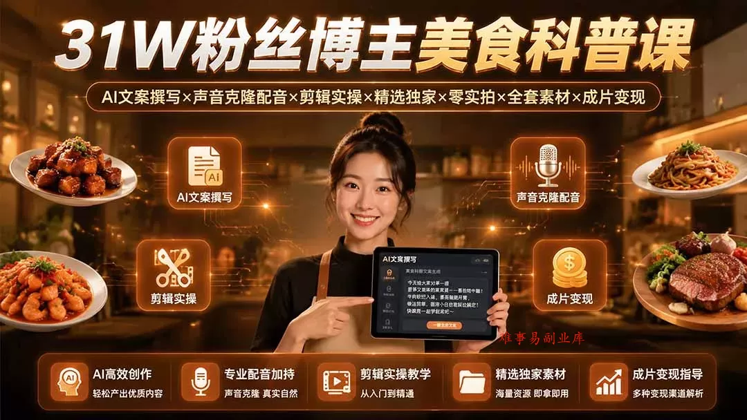 31W粉丝博主美食科普课：AI文案撰写×声音克隆配音×剪辑实操×精选独家×零实拍×全套素材×成片变现-难事易副业库