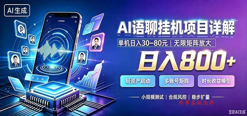 AI语聊挂机，日入800+，适用个人副业，工作室矩阵操作-难事易副业库