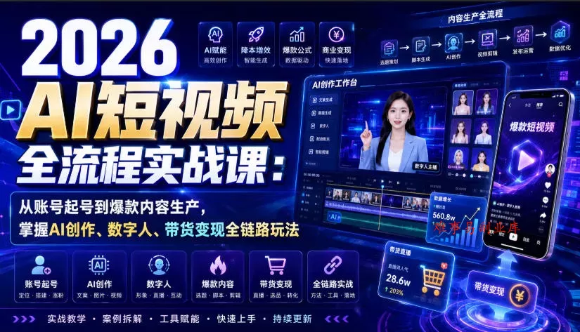 2026 AI短视频全流程实战课:从账号起号到爆款内容生产,掌握AI创作、数字人、带货变现全链路玩法 2026 AI短视频全流程实战课:从账号起号到爆款内容生产,掌握AI创作、数字人、带货变现全链路玩法
