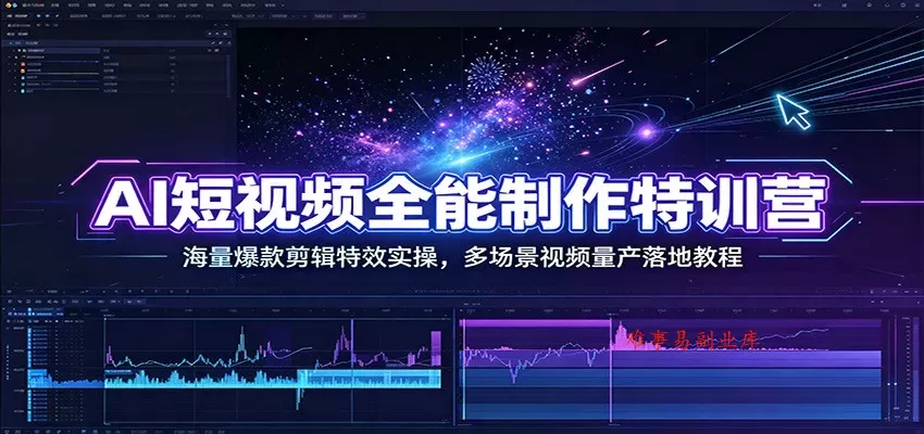 AI短视频全能制作特训营：海量爆款剪辑特效实操，多场景视频量产落地教程-难事易副业库