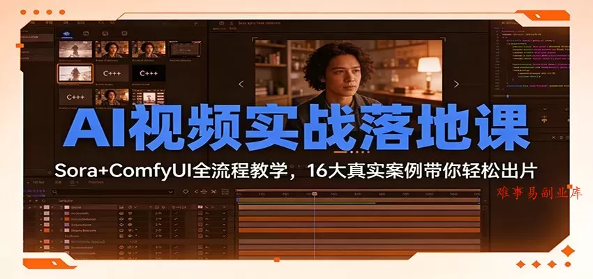AI视频实战落地课：Sora+ComfyUI全流程教学，16大真实案例带你轻松出片-难事易副业库