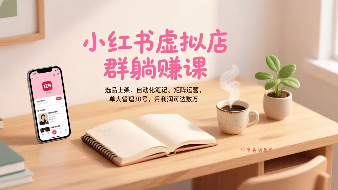 小红书虚拟店群躺赚课，选品上架、自动化笔记、矩阵运营，单人管理30号，月利润可达数万-难事易副业库