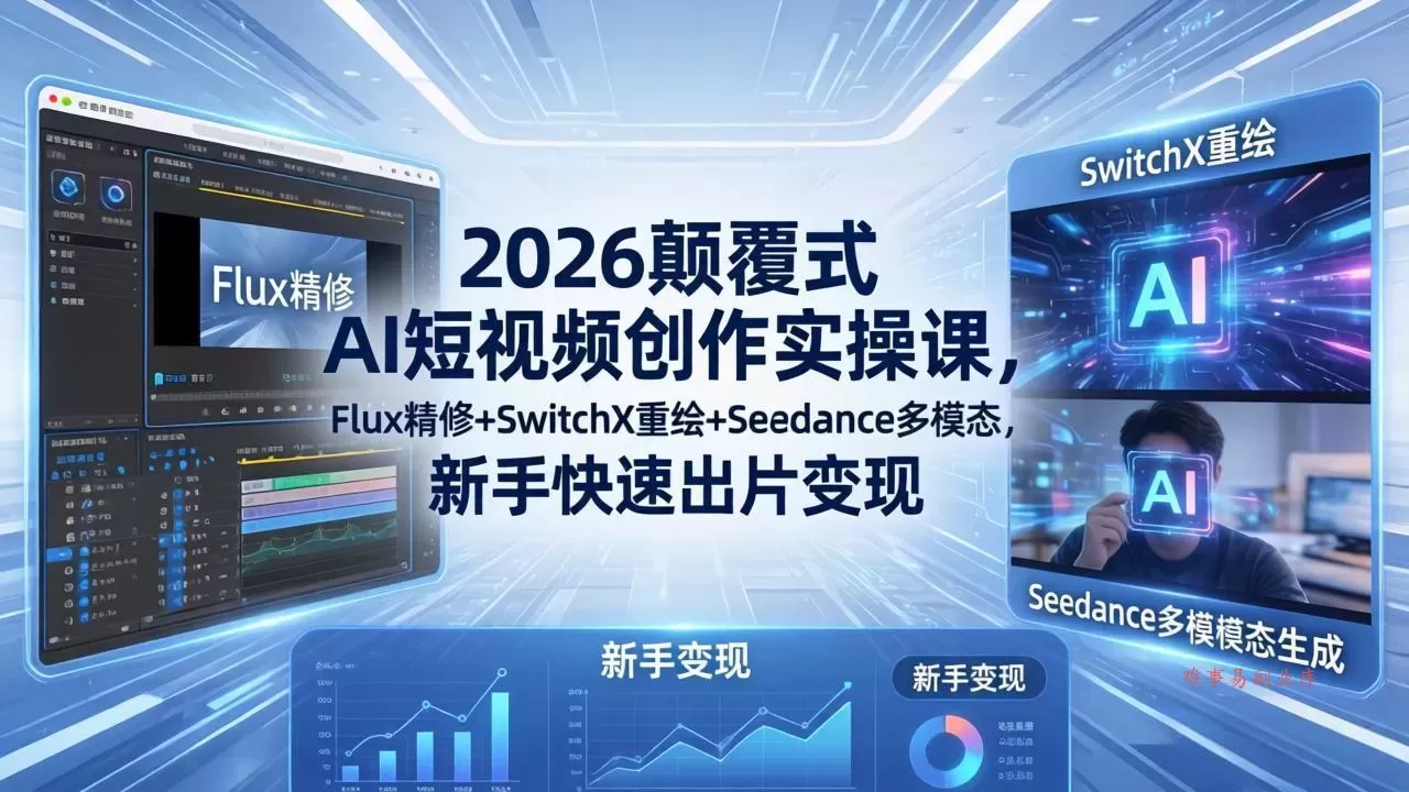 2026颠覆式 AI短视频创作课-5月更新，Flux精修+SwitchX重绘+Seedance多模态，新手快速出片变现-难事易副业库