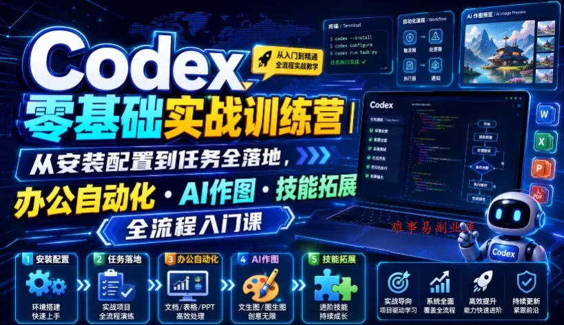 Codex零基础实战训练营｜从安装配置到任务全落地，办公自动化・AI作图・技能拓展全流程入门课-难事易副业库