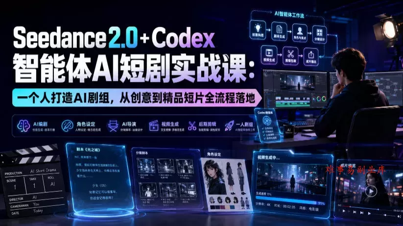 Seedance2.0+Codex智能体AI短剧实战课：一个人打造AI剧组，从创意到精品短片全流程-难事易副业库