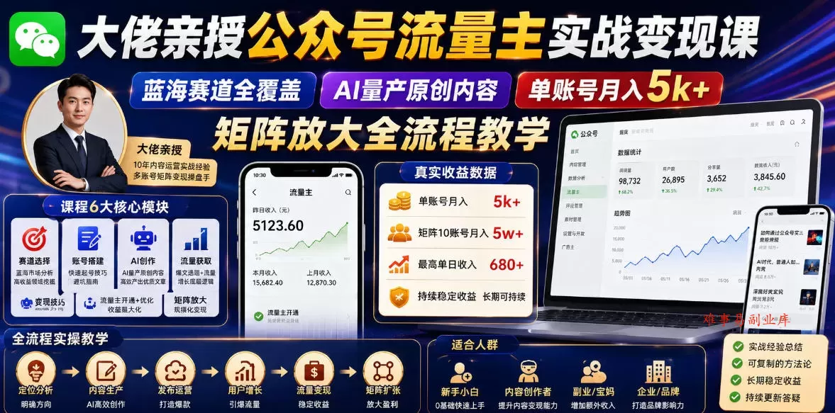 大佬亲授公众号流量主实战变现课，蓝海赛道全覆盖，AI量产原创内容，单账号月入5k+矩阵放大全流程教学-难事易副业库