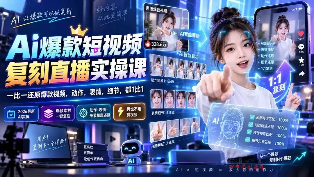 （20304期）最新Ai爆款短视频复刻直播实操课，一比一还原爆款视频，动作，表情，细节，都1比1-难事易副业库
