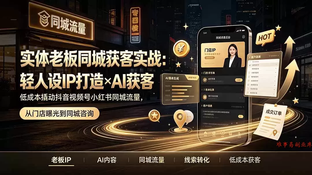 （19320期）实体老板同城获客实战：轻人设IP打造×AI获客，低成本撬动抖音视频号小红书同城流量-难事易副业库