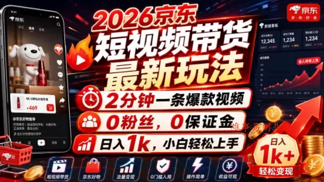 2026京东短视频带货最新玩法，2分钟一条爆款视频，0粉丝，0保证金，日入1k，小白轻松上手【揭秘】-难事易副业库