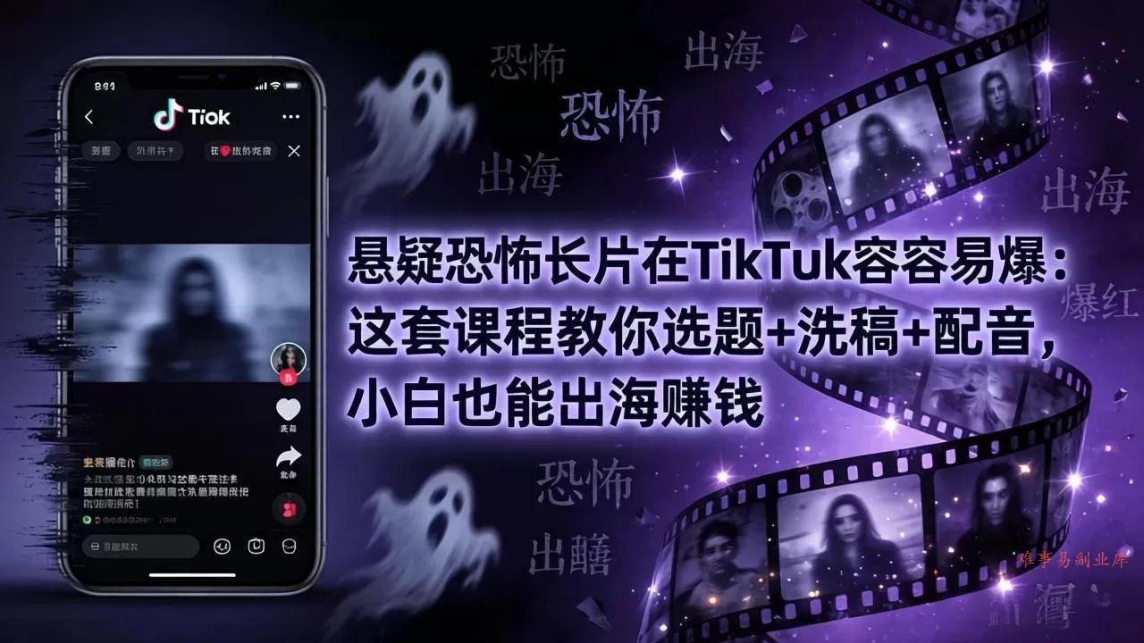 (18220期)悬疑恐怖长片在TikTok最容易爆:这套课程教你选题+洗稿+配音,小白也能出海赚钱-难事易副业库
