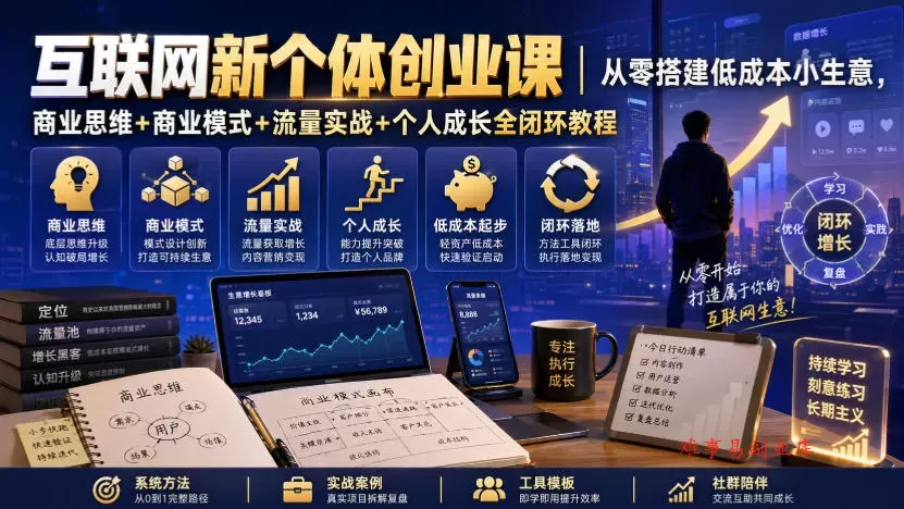 互联网新个体创业课｜从零搭建低成本小生意，商业思维+商业模式+流量实战+个人成长全闭环教程-难事易副业库