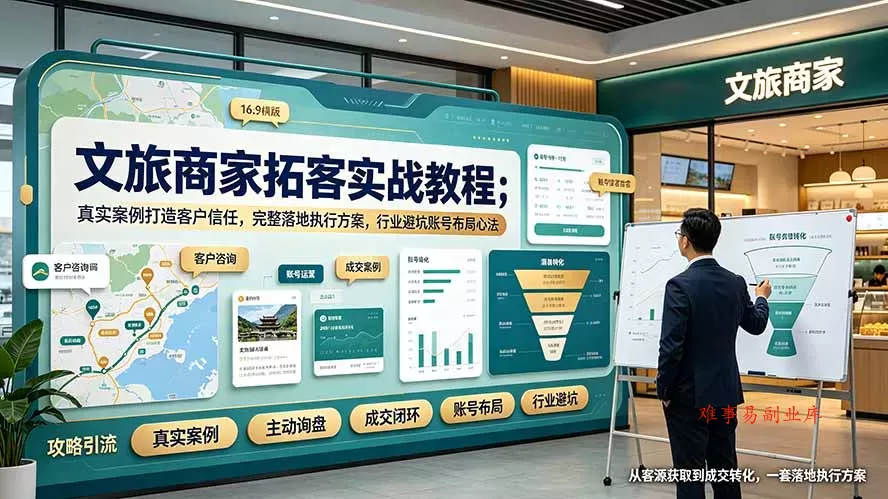 文旅商家拓客实战教程；真实案例打造客户信任，完整落地执行方案，行业避坑账号布局心法-难事易副业库