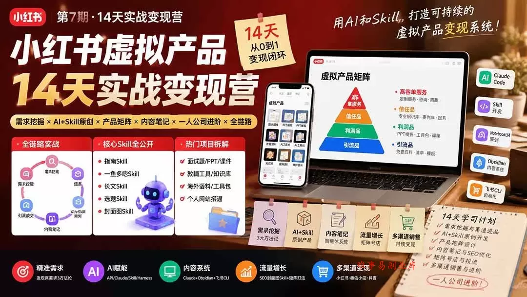 （19712期）小红书虚拟产品14天实战变现营-第7期：需求挖掘×AI+Skill原创×产品矩阵×内容笔记×一人公司进阶×全链路-难事易副业库