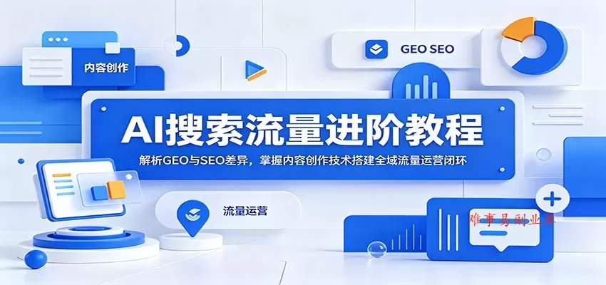 AI搜索流量进阶教程：解析GEO与SEO差异，掌握内容创作技术搭建全域流量运营闭环-难事易副业库