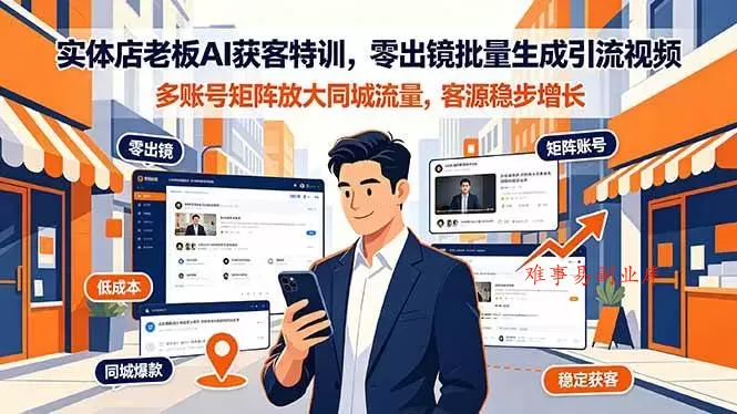 （19234期）实体店老板AI获客特训，零出镜批量生成引流视频，多账号矩阵放大同城流量，客源稳步增长-难事易副业库