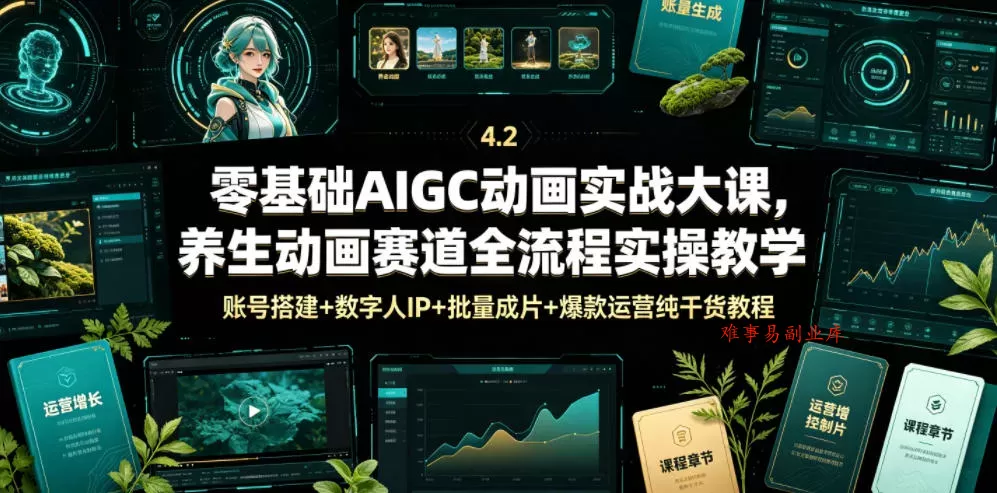 零基础AIGC动画实战大课，养生动画赛道全流程实操教学，账号搭建+数字人IP+批量成片+爆款运营纯干货教程-难事易副业库