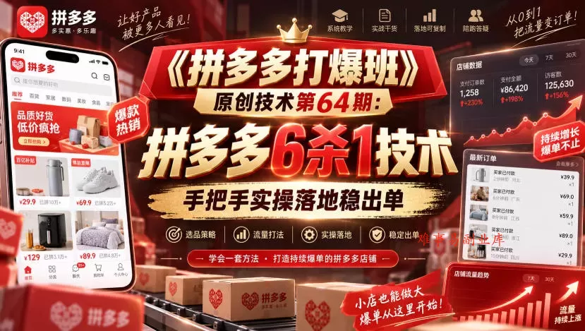 《拼多多打爆班》原创技术第64期：拼多多6杀1技术，手把手实操落地稳出单-难事易副业库