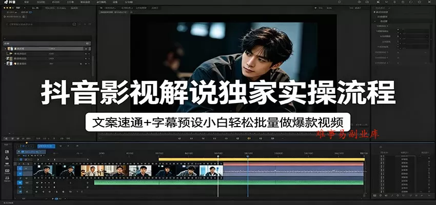 抖音影视解说独家实操流程，文案速通+字幕预设小白轻松批量做爆款视频-难事易副业库