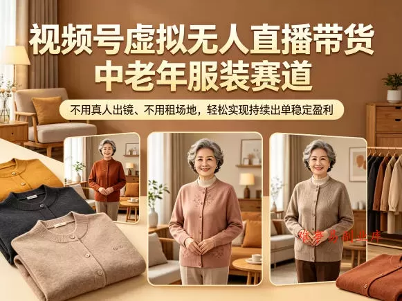 视频号虚拟无人直播带货中老年服装赛道，不用真人出镜、不用租场地，轻松实现持续出单稳定盈利-难事易副业库