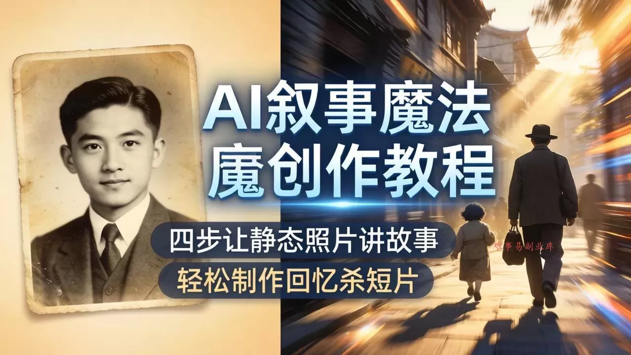 AI叙事魔法创作教程，四步让静态照片讲故事，老照片修复加动态特效，轻松制作回忆杀短片-难事易副业库