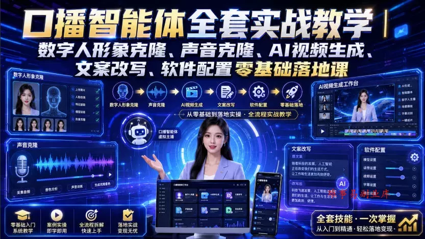 口播智能体全套实战教学｜数字人形象克隆、声音克隆、AI视频生成、文案改写、软件配置零基础落地课-难事易副业库