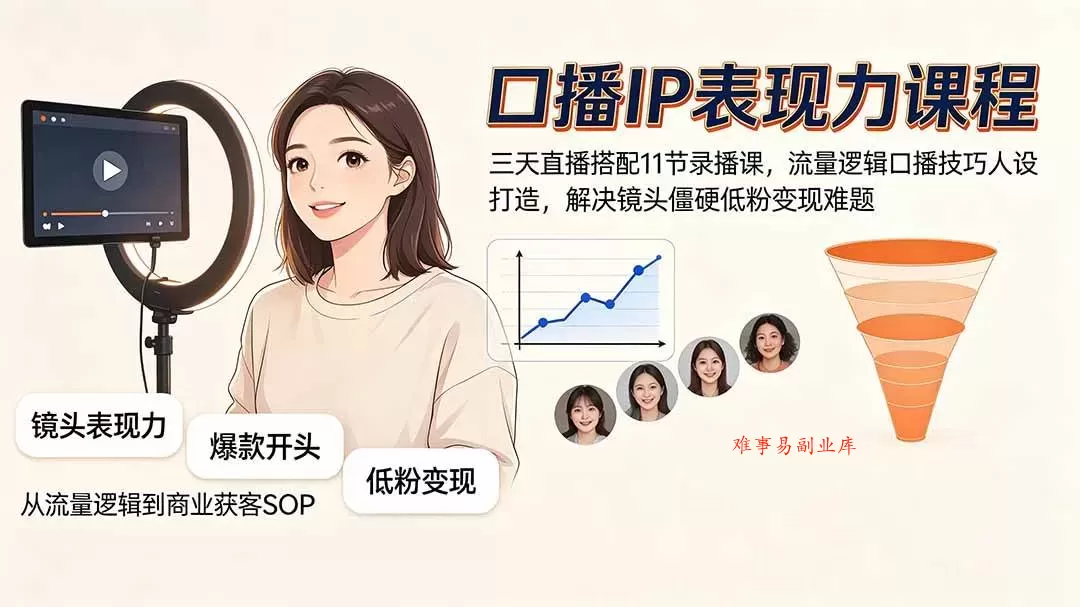 （19604期）口播IP表现力课程｜三天直播搭配11节录播课，流量逻辑口播技巧人设打造，解决镜头僵硬低粉变现难题-难事易副业库