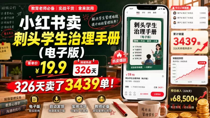 小红书卖刺头学生治理手册（电子版），客单价19.9，326天卖了3439单！-难事易副业库